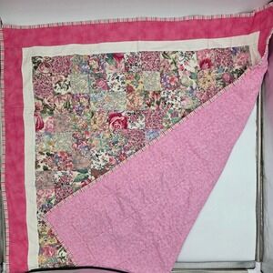 Handmade Floral Patchwork Quilt Pink Rose Garden Nursery Throw 40x34 Blanket